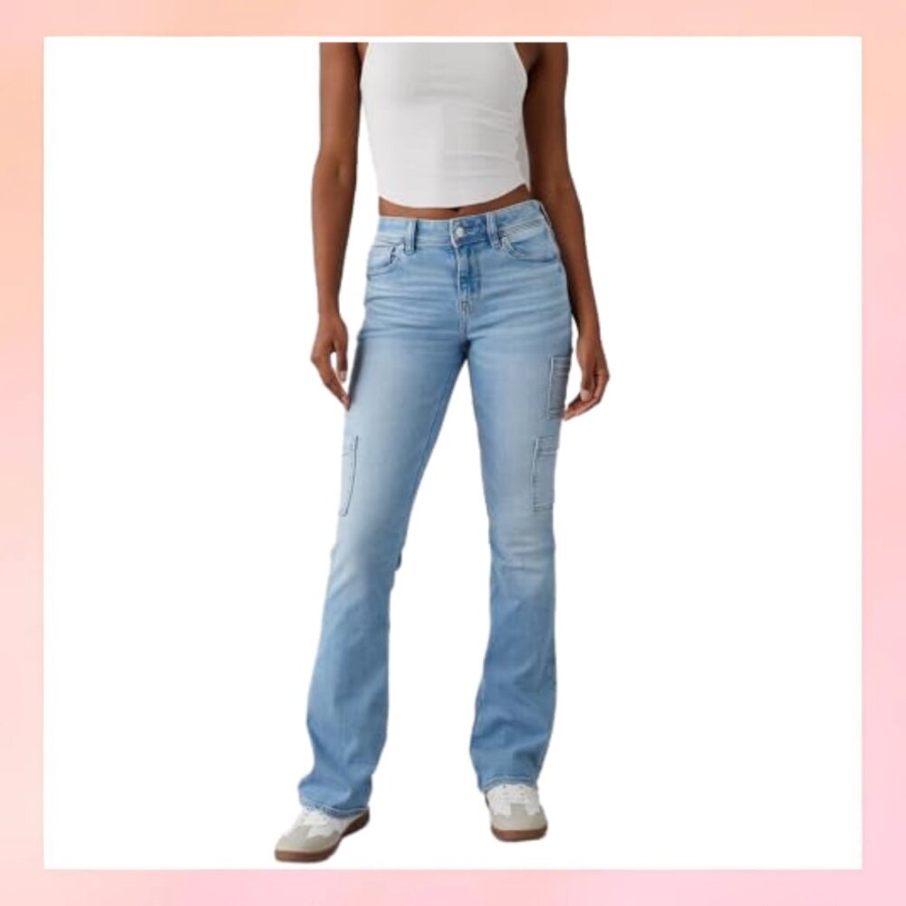 American Eagle AE Light Wash Cargo Kick Flare Jeans | Size 8